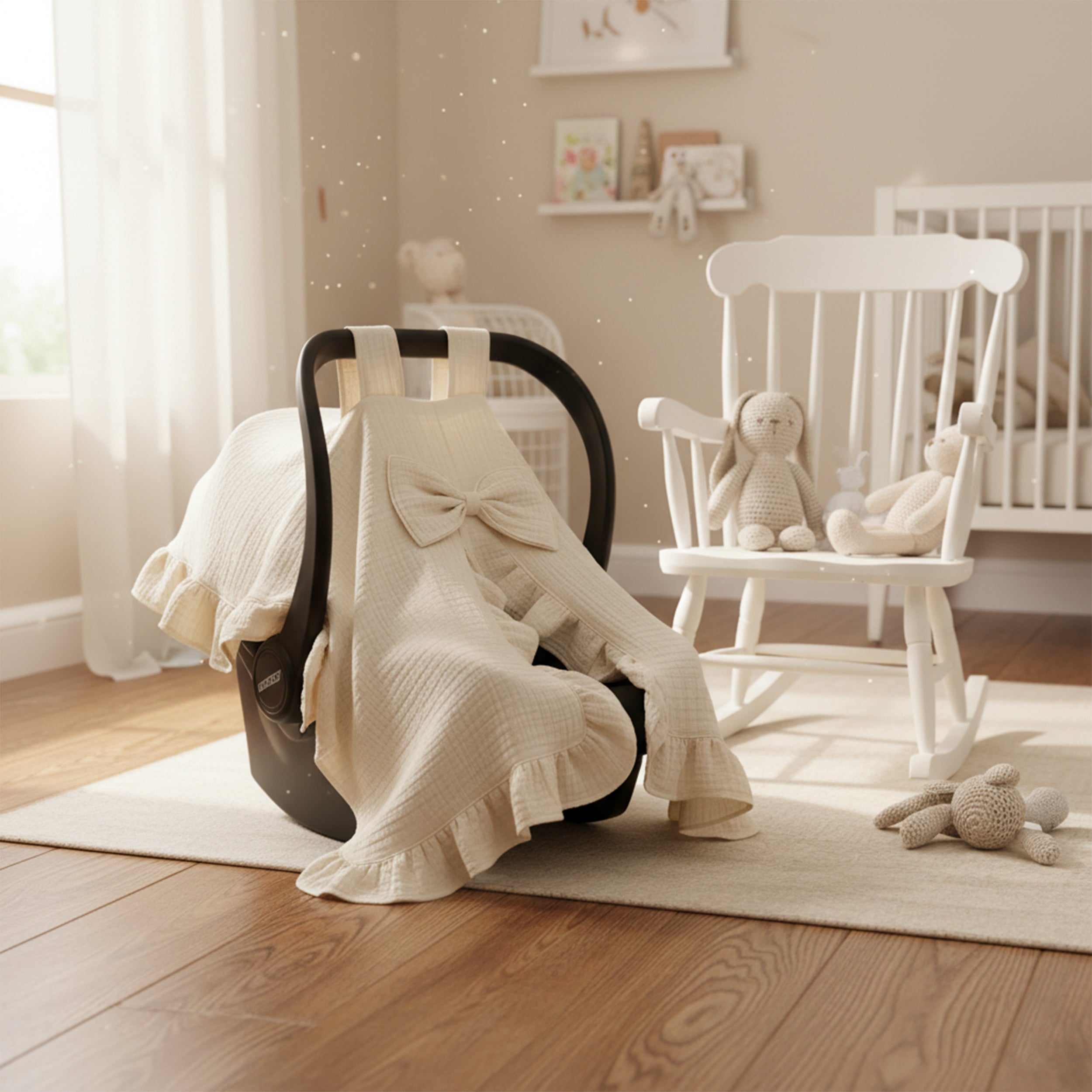 Personalized Muslin Stroller Cover with Ruffled Edges & Bow, Custom Name Car Seat Cover, Soft Cotton Baby Blanket Gift