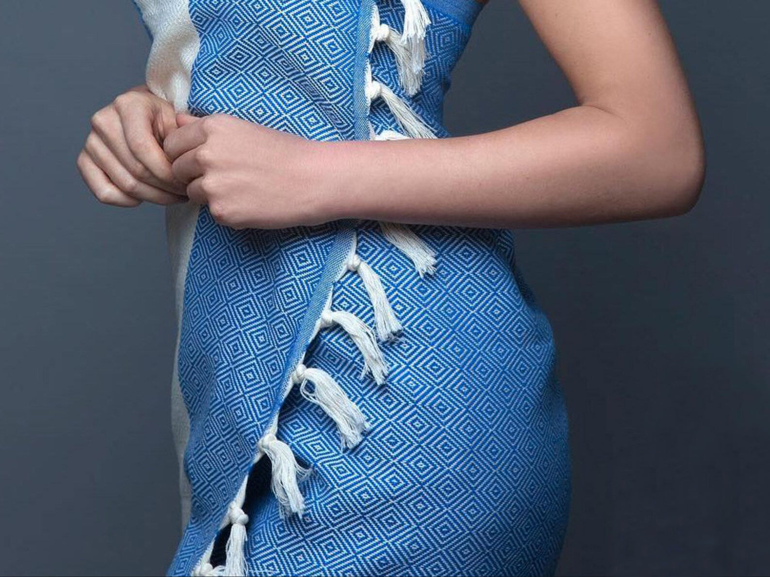 Azure Blue Turkish Beach Towel, Oversized Quick Dry Diamond Patterned Bath Towels