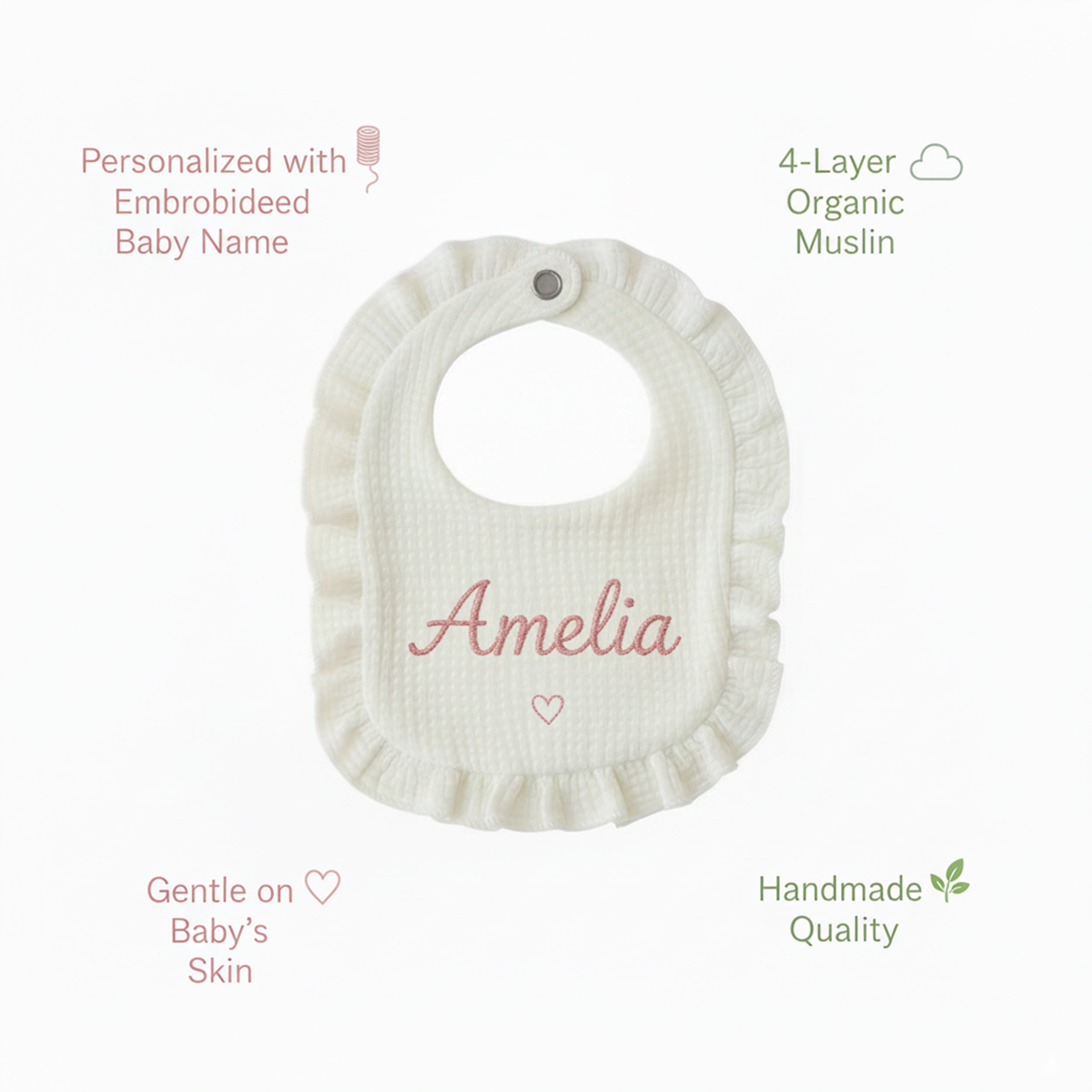 Personalized Baby Bib with Name Embroidery, Organic Cotton Ruffle Bib Gift for Girls Boys, Soft Muslin Baby Shower Keepsake