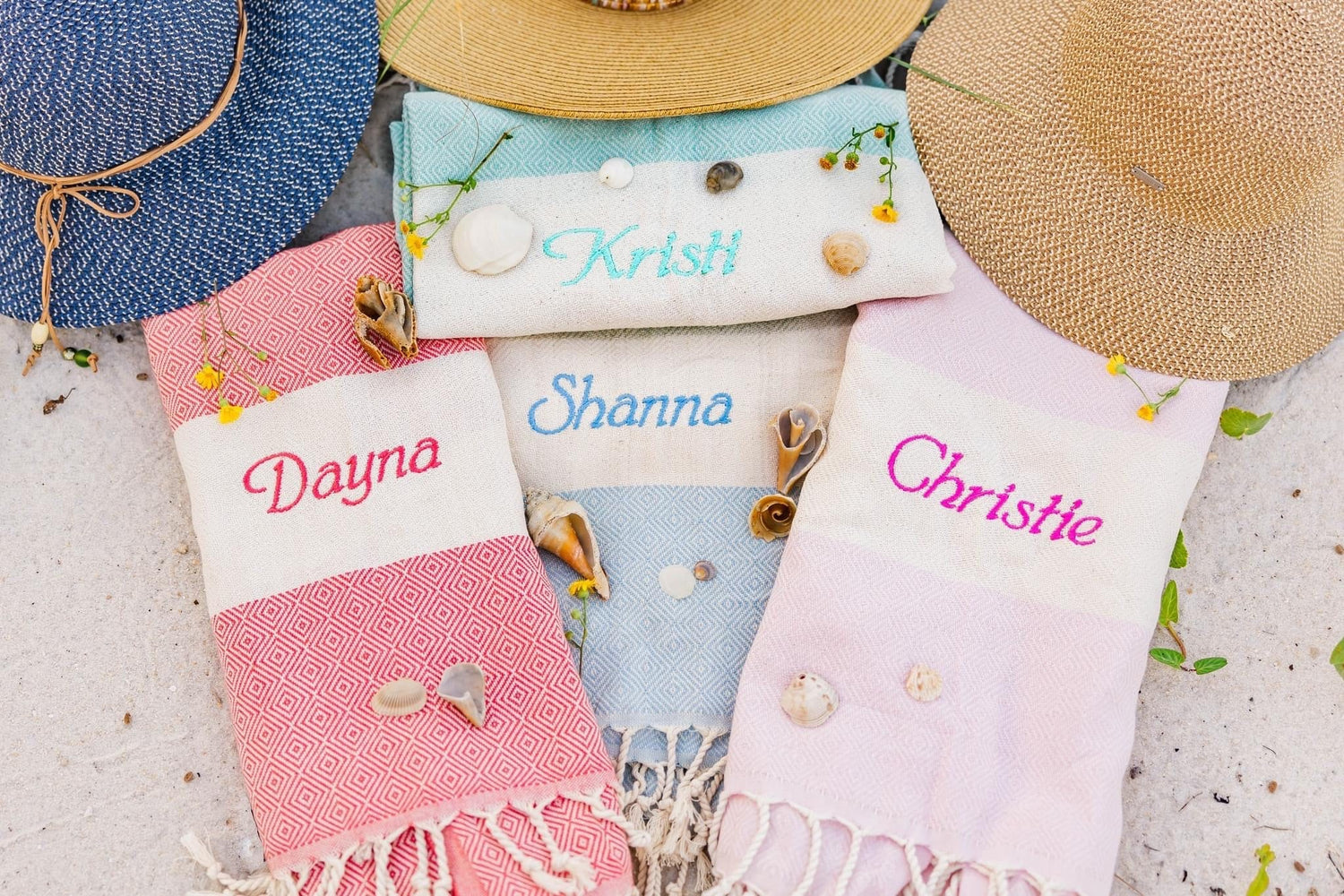 Personalized Turkish cotton beach towels for bachelorette weekend — Dayna, Shanna, Christie