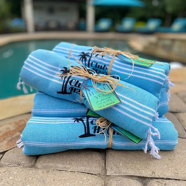 Personalized Turkish beach towel unboxing — arrived just in time for the bachelorette