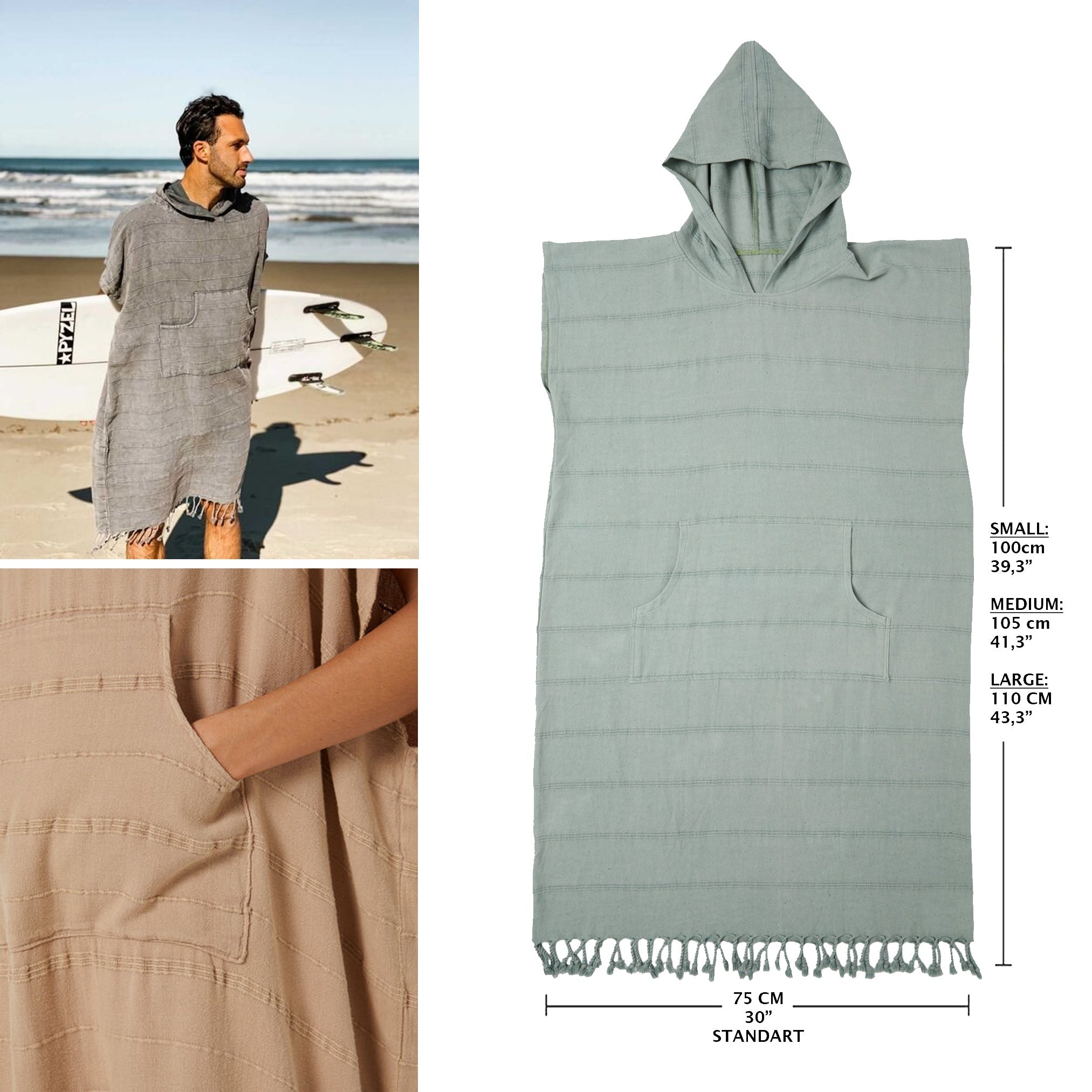 Embroidered Stonewashed Hooded Poncho for Adults, Unisex Beach Cover-up