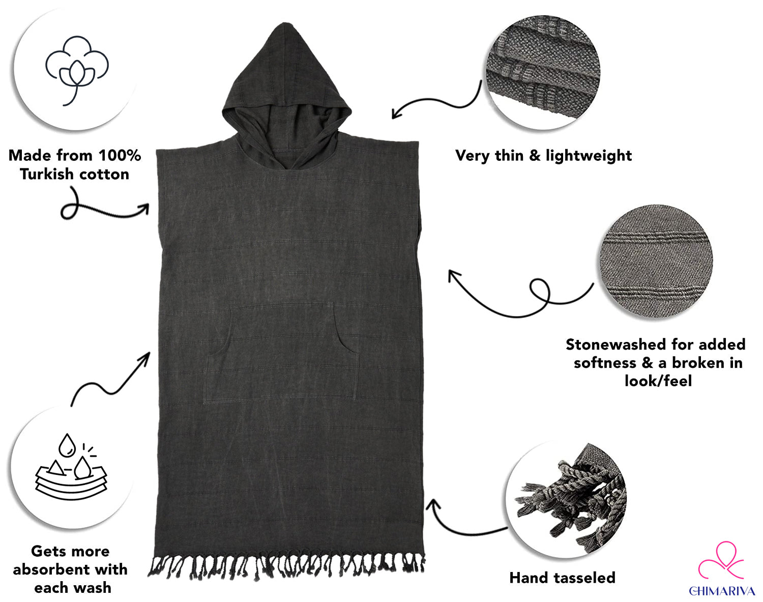 Embroidered Stonewashed Hooded Poncho for Kids, Beach Cover-up