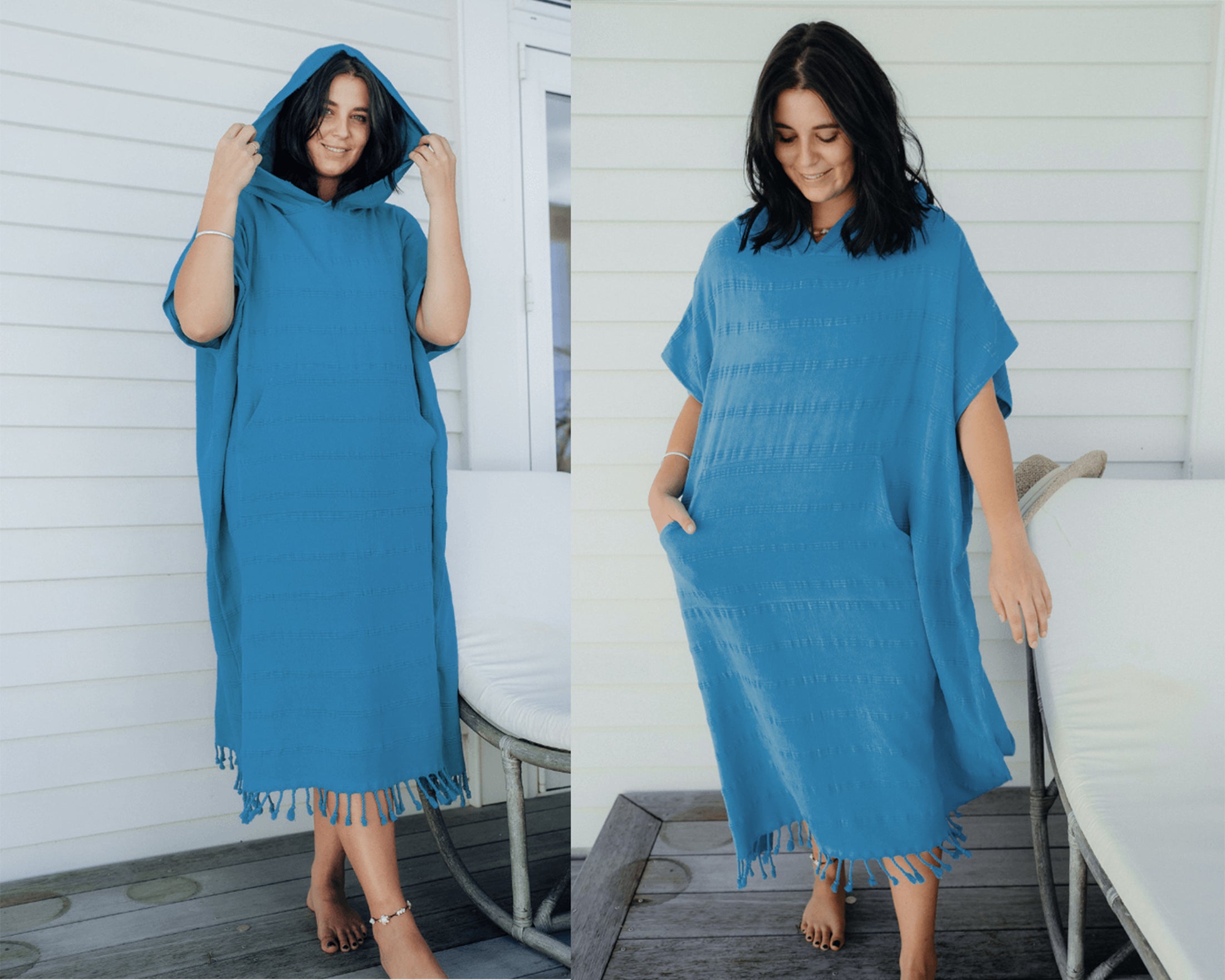 Embroidered Stonewashed Hooded Poncho for Adults, Unisex Beach Cover-up