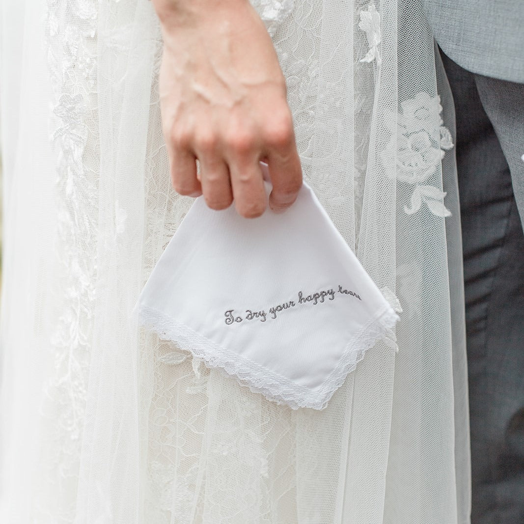 Personalized wedding handkerchief — custom embroidered keepsake by Chimariva