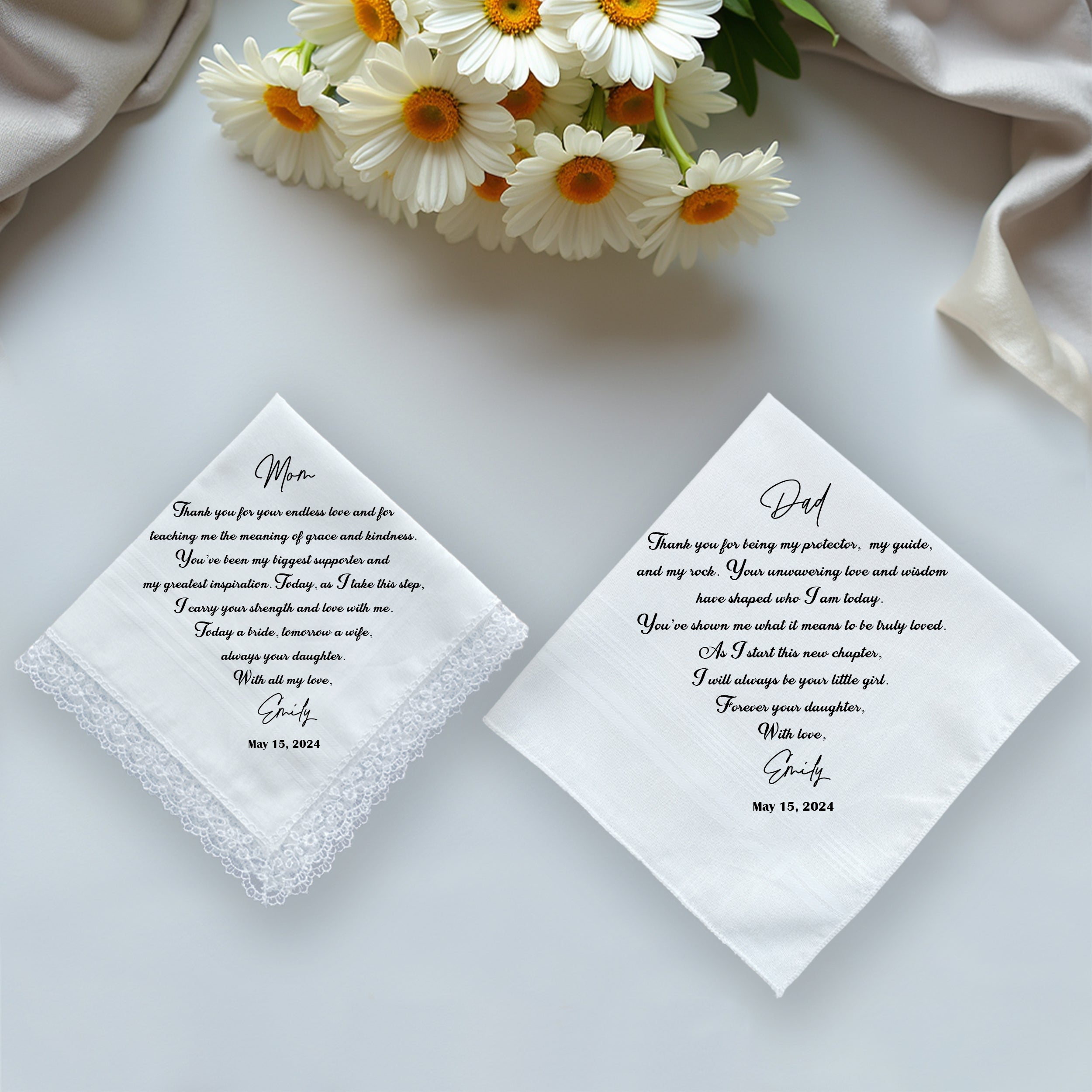 Personalized wedding handkerchief — custom embroidered keepsake by Chimariva