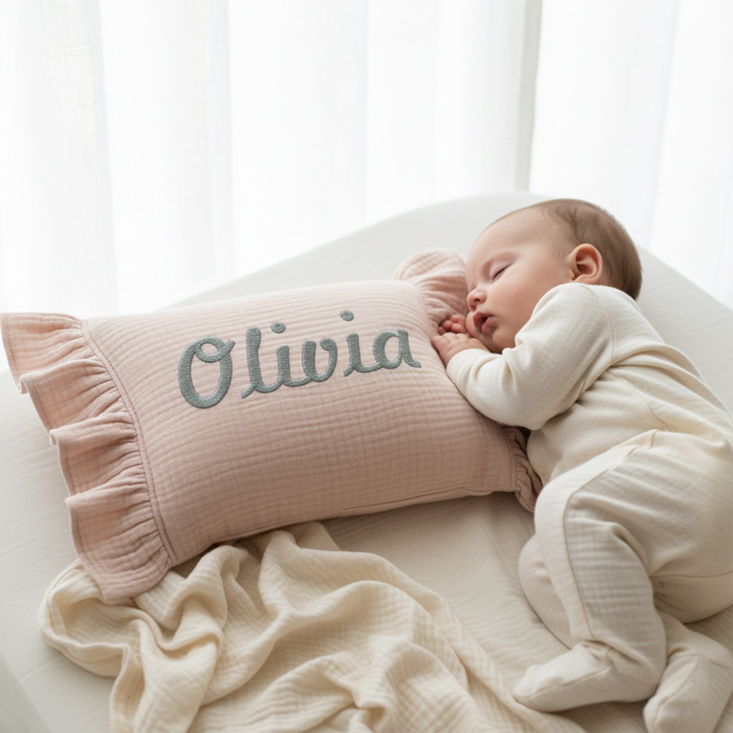 Personalized Baby Name Pillow with Ruffle, Custom Organic Muslin Embroidered Cushion, Nursery Decor Baby Girl or Boy Gift