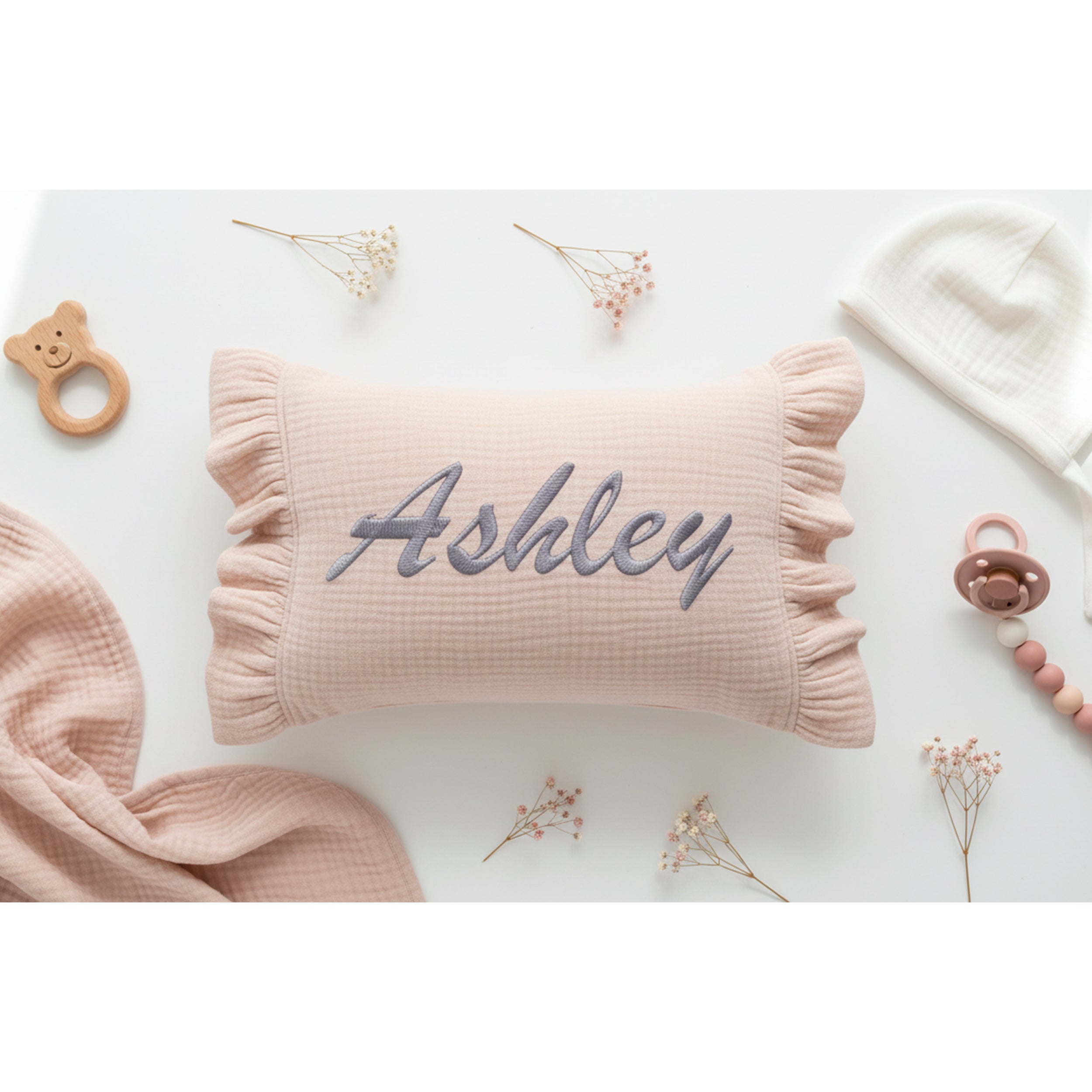 Personalized Baby Name Pillow with Ruffle, Custom Organic Muslin Embroidered Cushion, Nursery Decor Baby Girl or Boy Gift