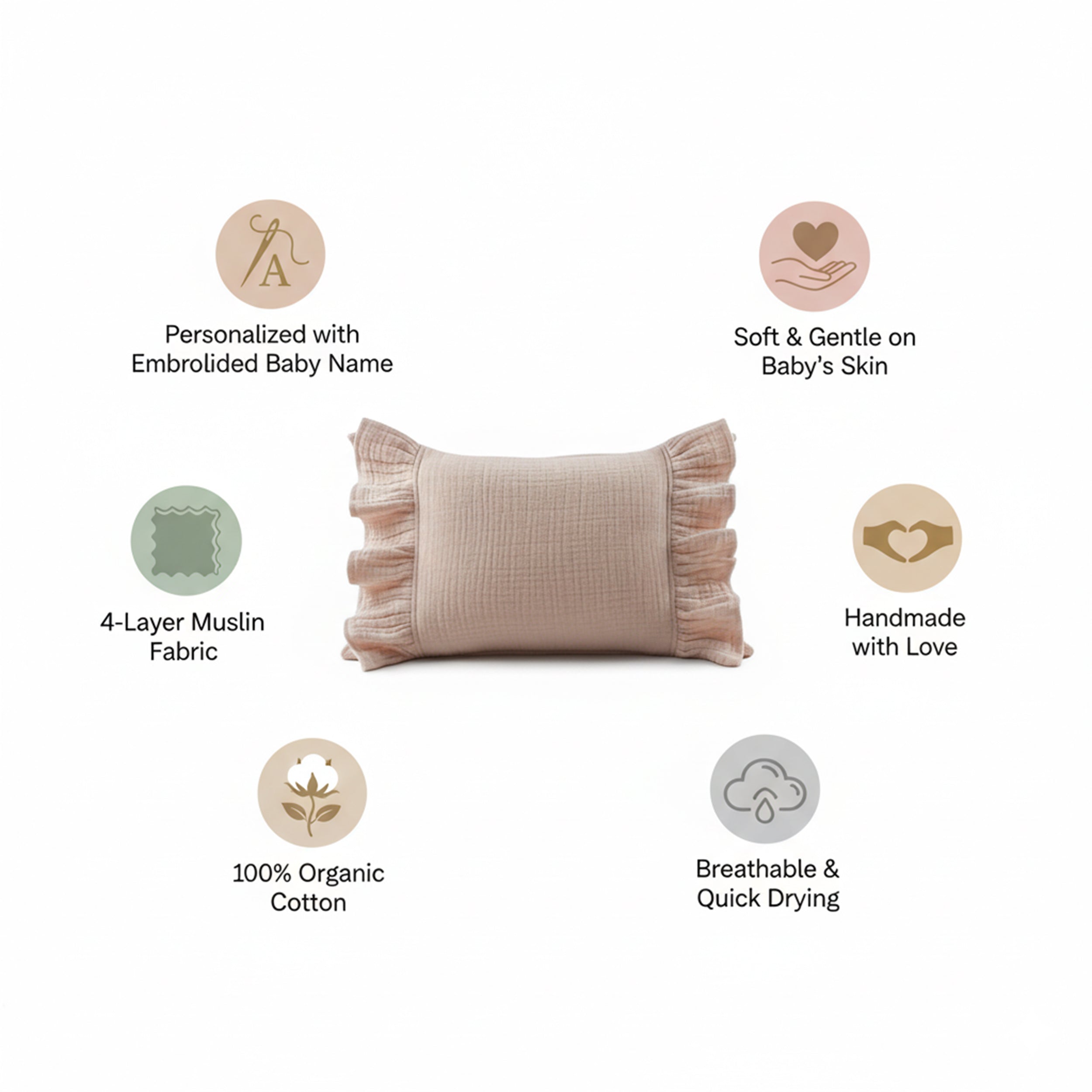 Personalized Baby Name Pillow with Ruffle, Custom Organic Muslin Embroidered Cushion, Nursery Decor Baby Girl or Boy Gift