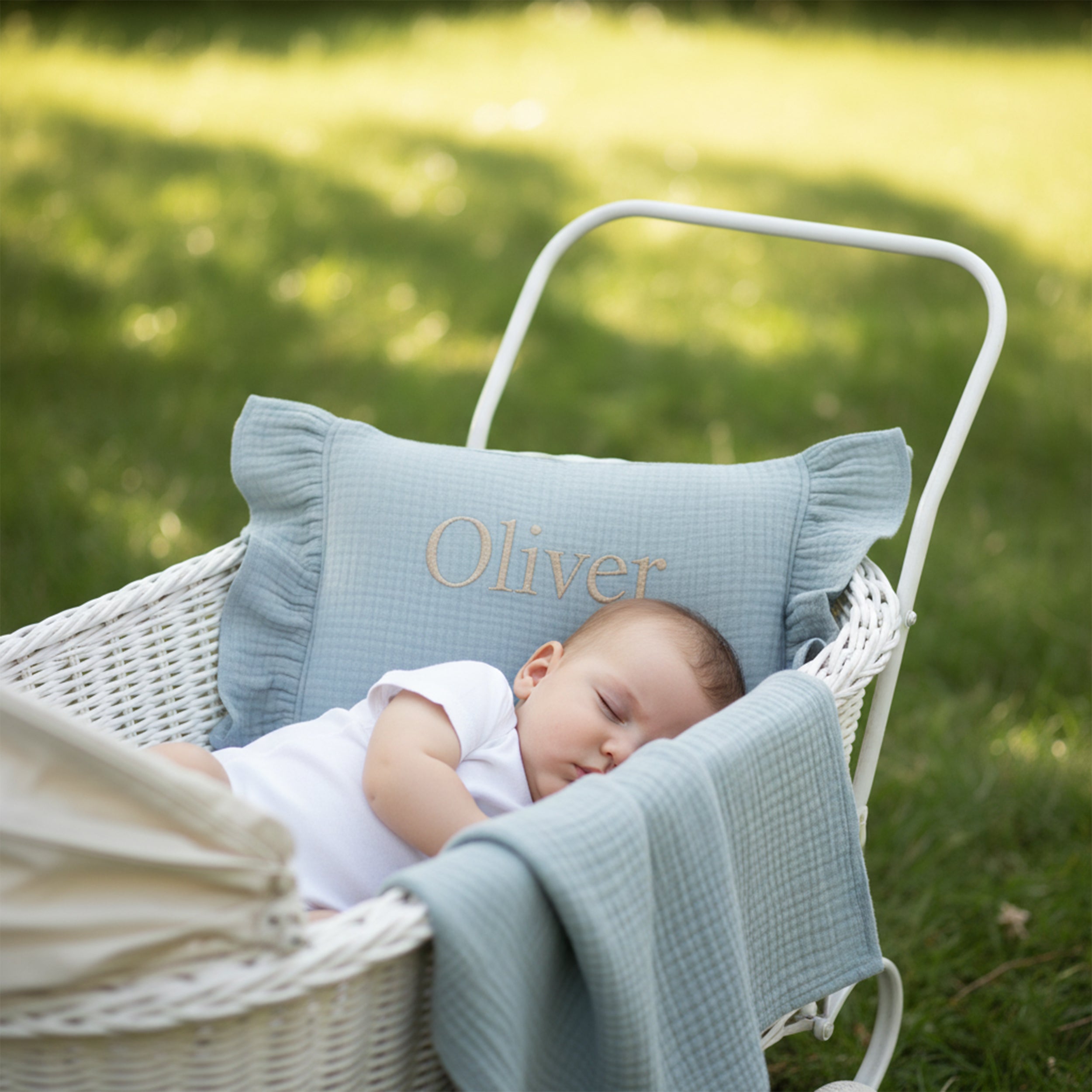Personalized Baby Name Pillow with Ruffle, Custom Organic Muslin Embroidered Cushion, Nursery Decor Baby Girl or Boy Gift