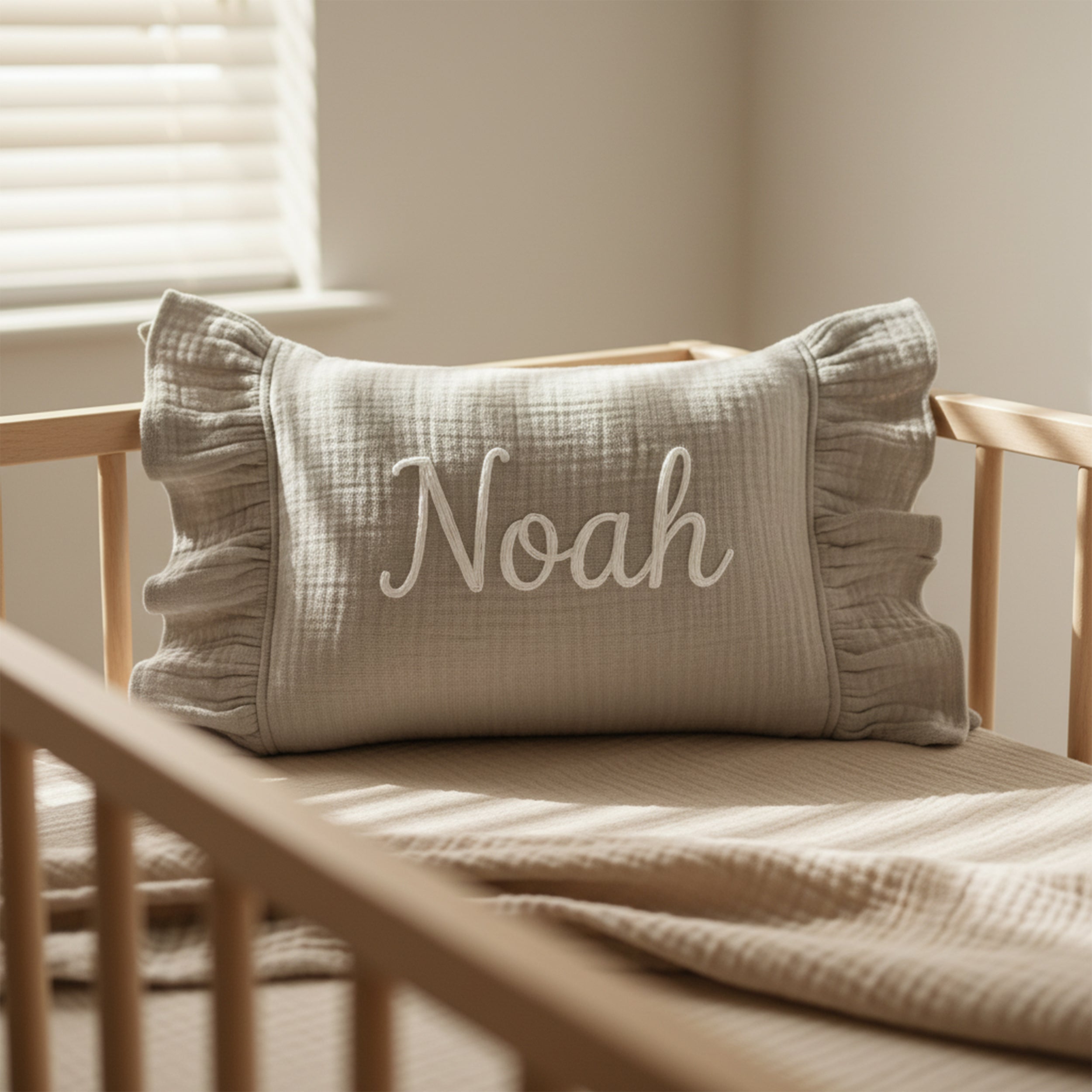 Personalized Baby Name Pillow with Ruffle, Custom Organic Muslin Embroidered Cushion, Nursery Decor Baby Girl or Boy Gift