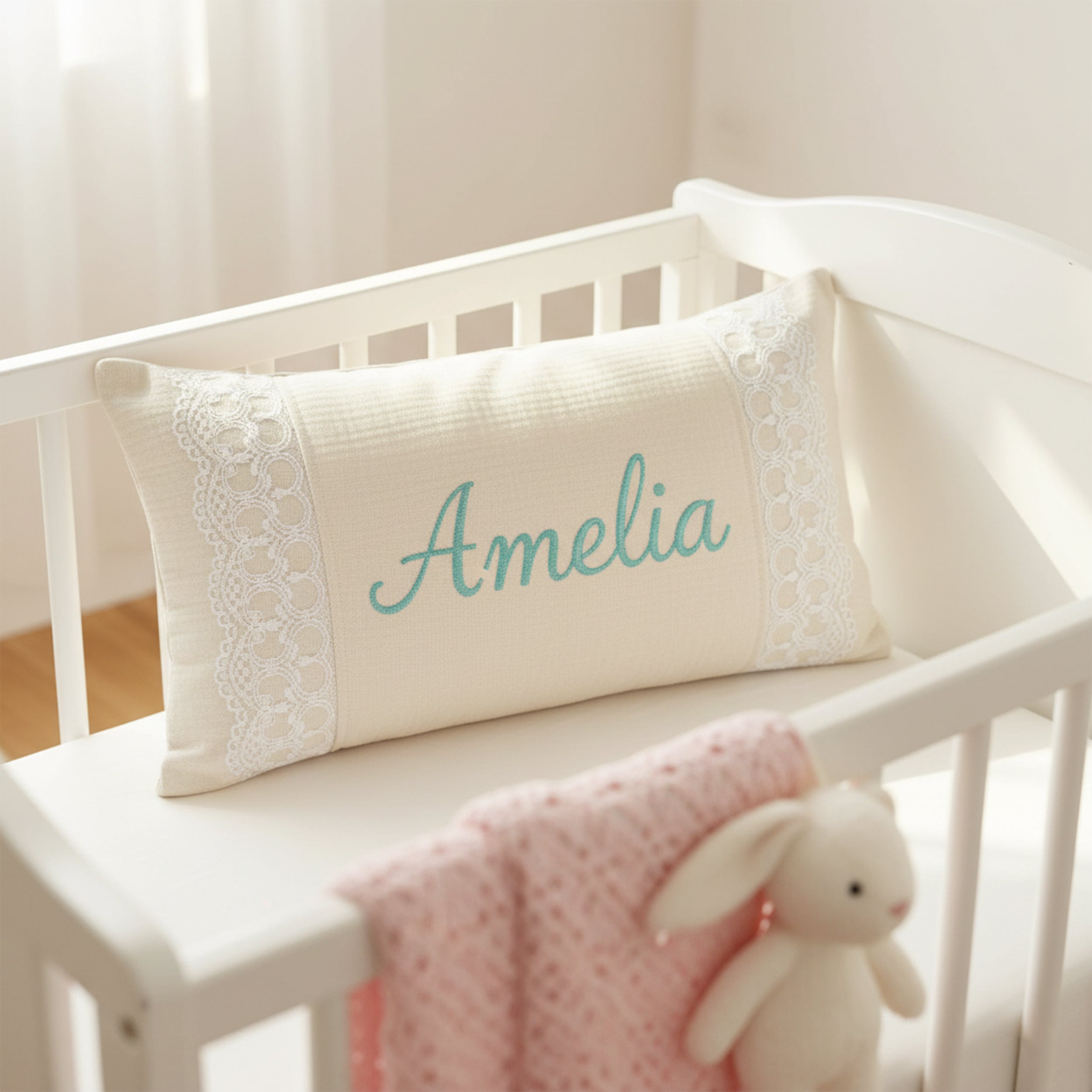 Custom Baby Name Pillow with Lace Detail, Personalized Organic Muslin Embroidered Cushion, Elegant Baby Shower Gift Idea