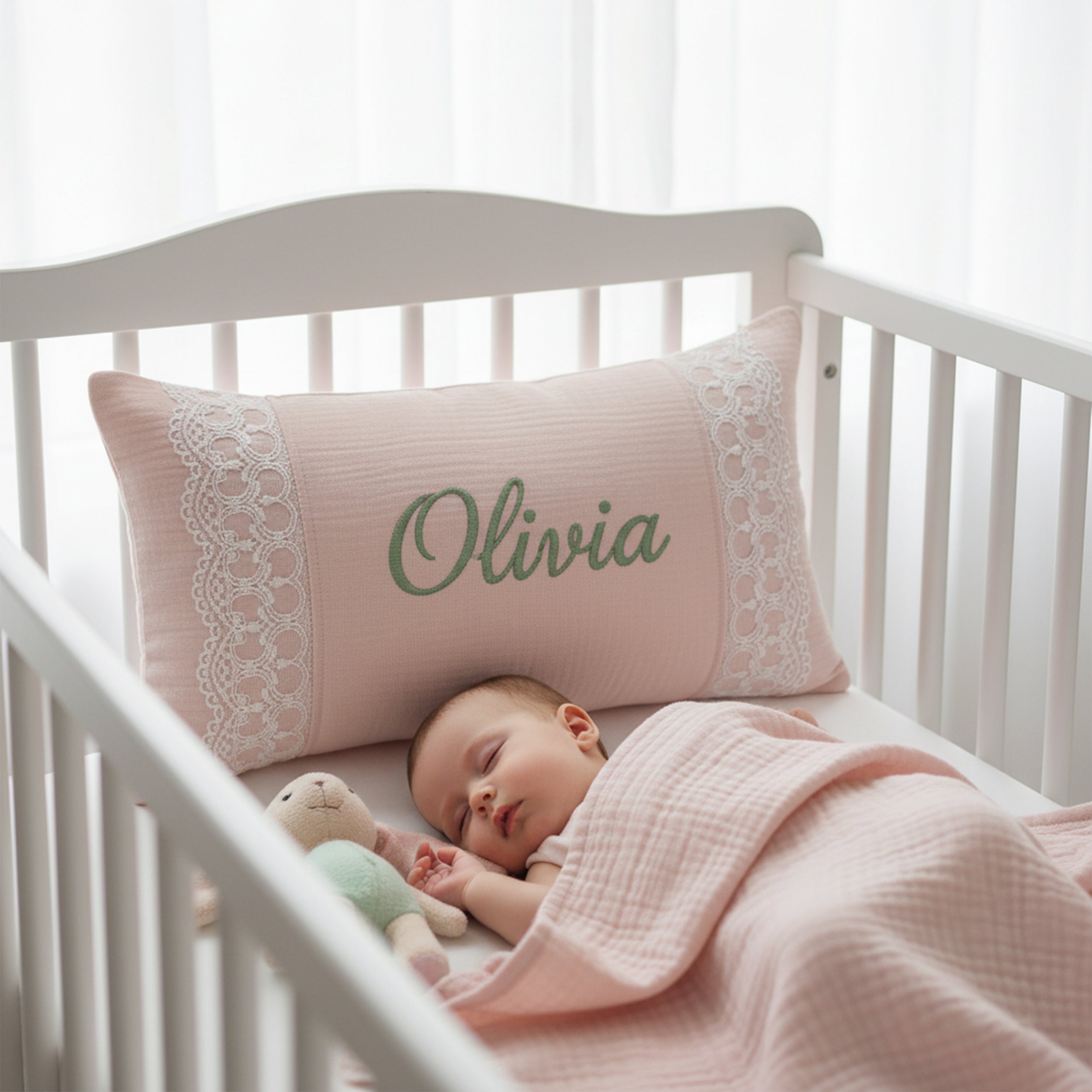 Custom Baby Name Pillow with Lace Detail, Personalized Organic Muslin Embroidered Cushion, Elegant Baby Shower Gift Idea