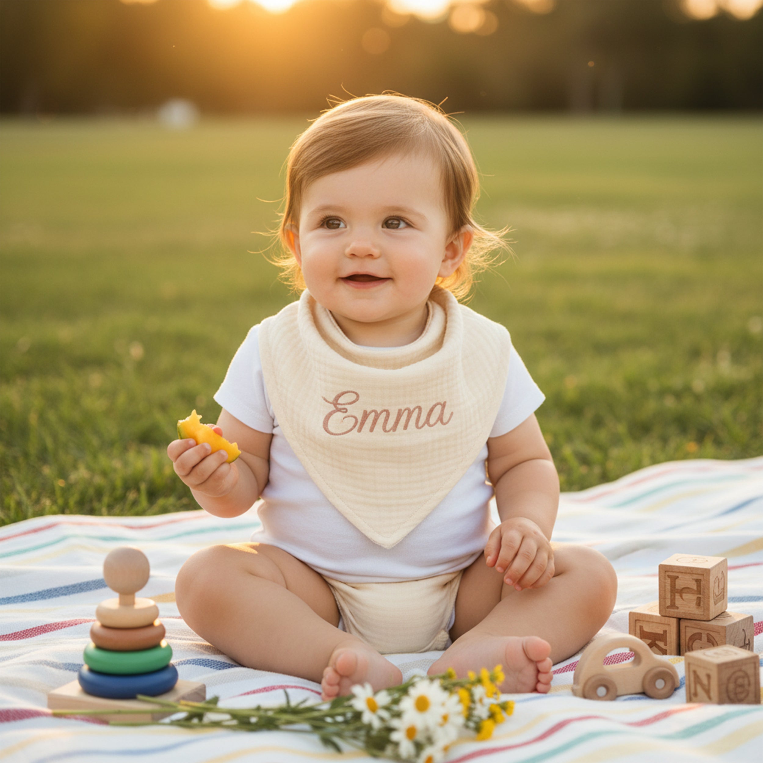 Personalized Baby Bib with Embroidered Name, Organic Muslin Drool Cloth, Custom Newborn Gift, Soft Bandana Style for Babies