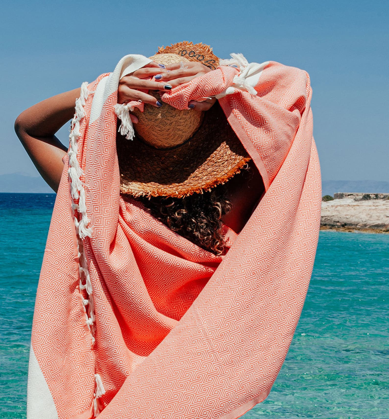 Orange Turkish Beach Towel, Oversized Quick Dry Diamond Patterned Bath Towels