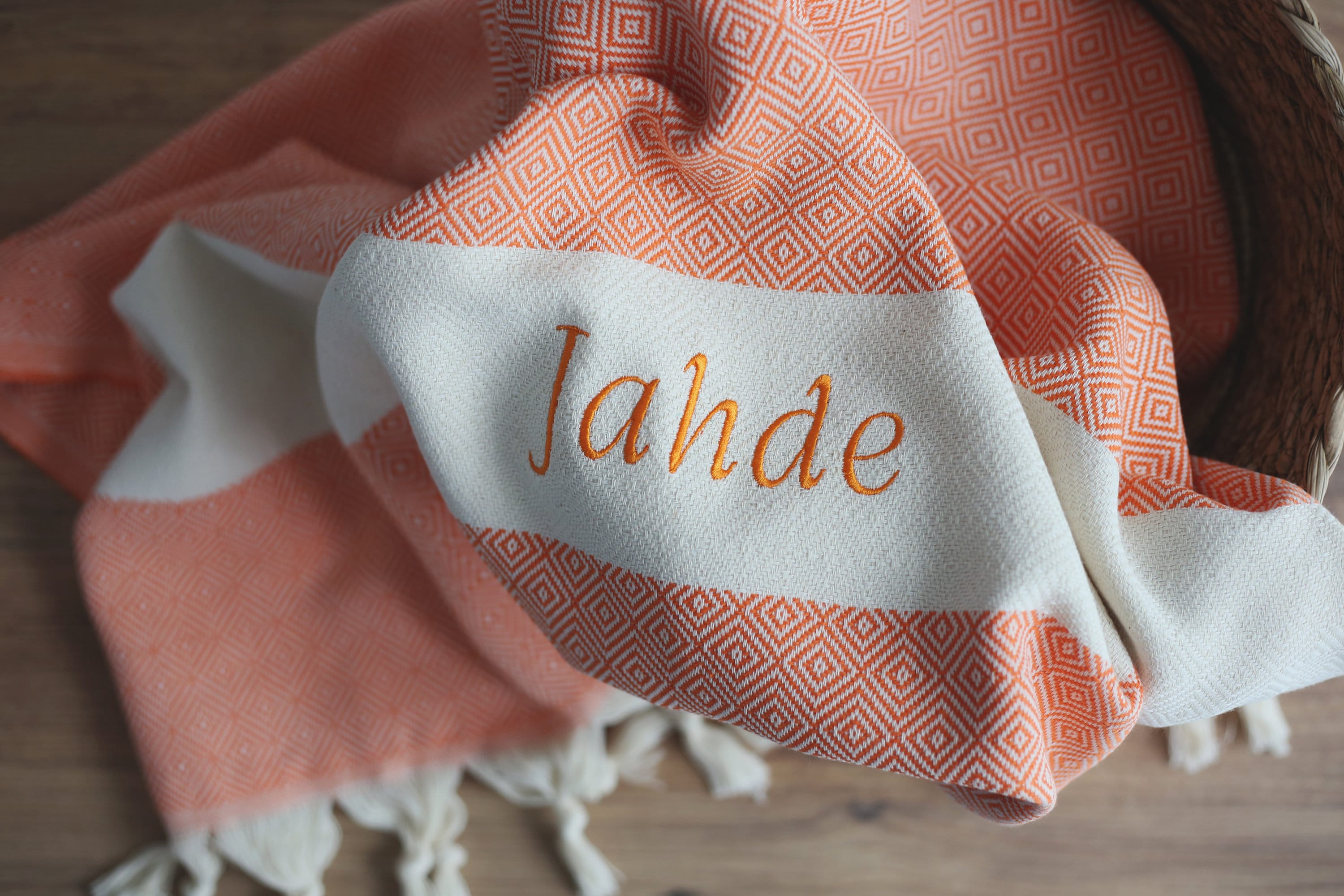 Orange Turkish Beach Towel, Oversized Quick Dry Diamond Patterned Bath Towels