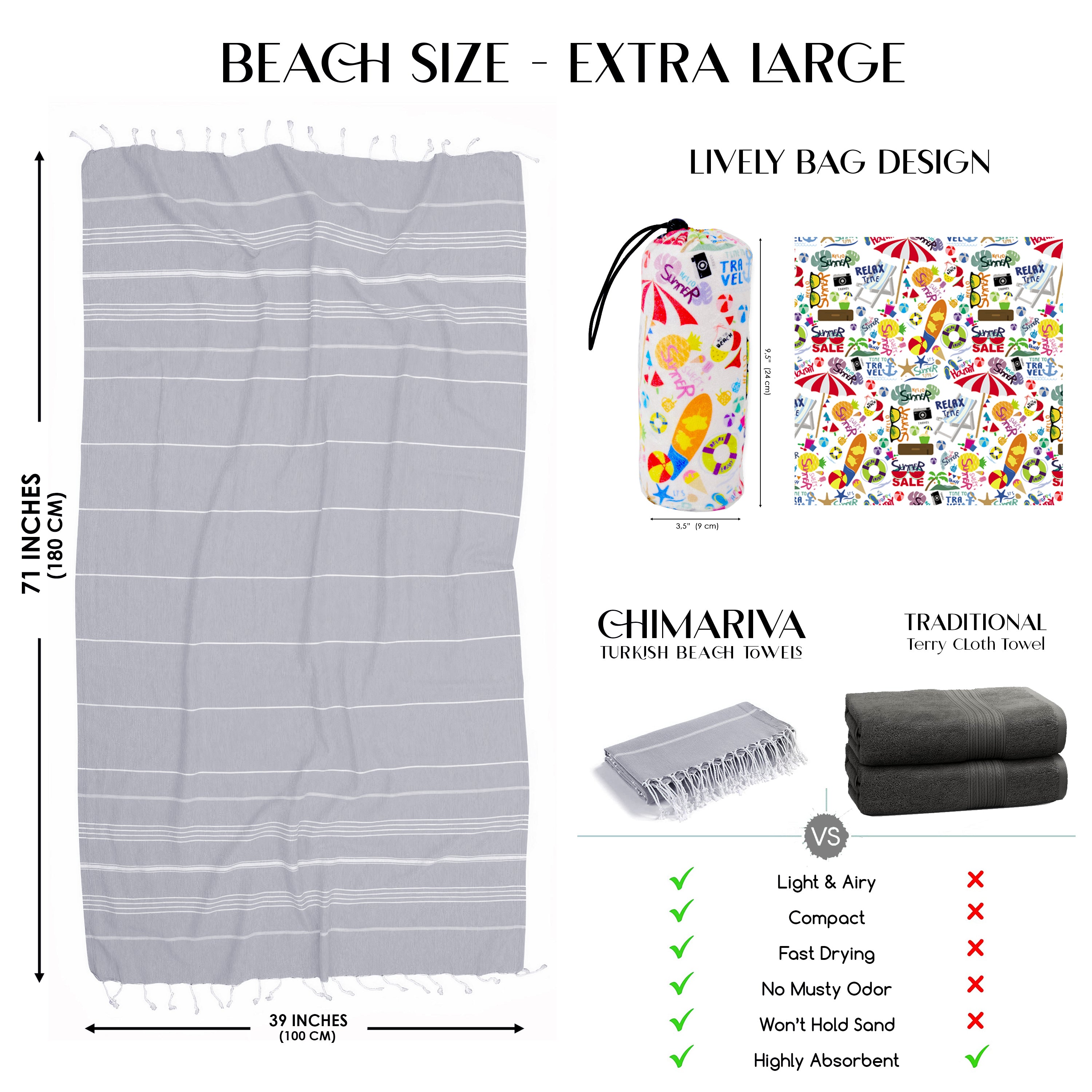 Grey Turkish Beach Towel, Oversized Quick Dry Bath Towels