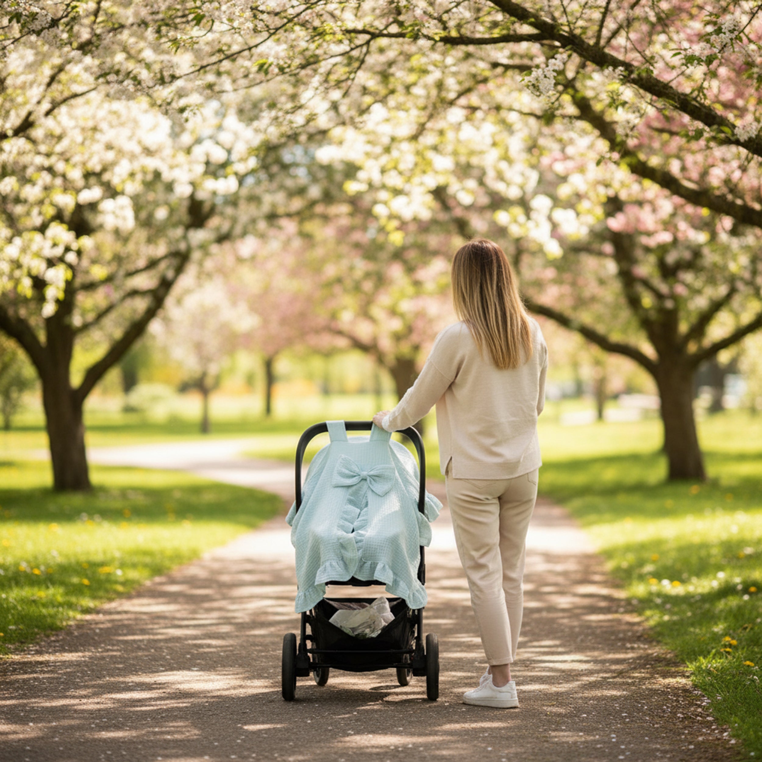 Personalized Muslin Stroller Cover with Ruffled Edges & Bow, Custom Name Car Seat Cover, Soft Cotton Baby Blanket Gift