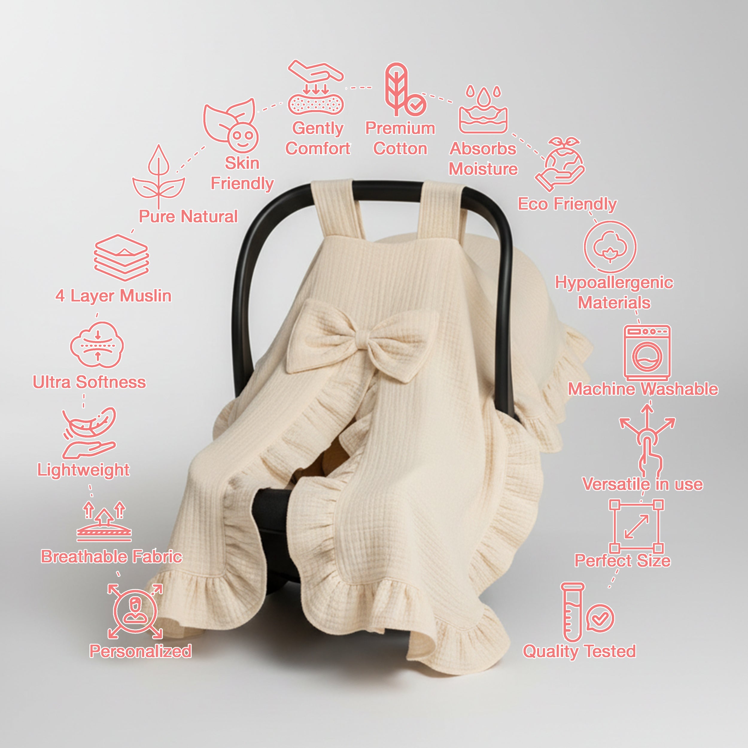 Personalized Muslin Stroller Cover with Ruffled Edges & Bow, Custom Name Car Seat Cover, Soft Cotton Baby Blanket Gift