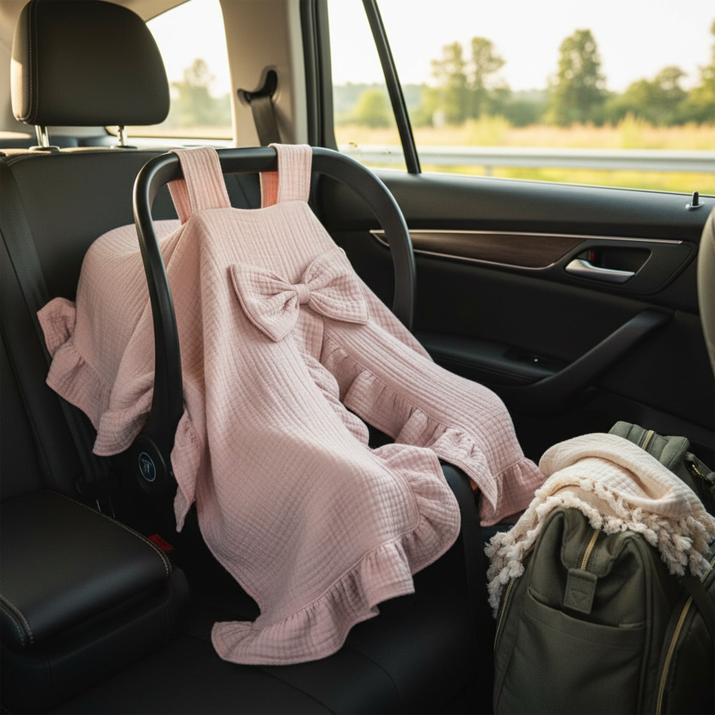 Personalized Muslin Stroller Cover with Ruffled Edges & Bow, Custom Name Car Seat Cover, Soft Cotton Baby Blanket Gift