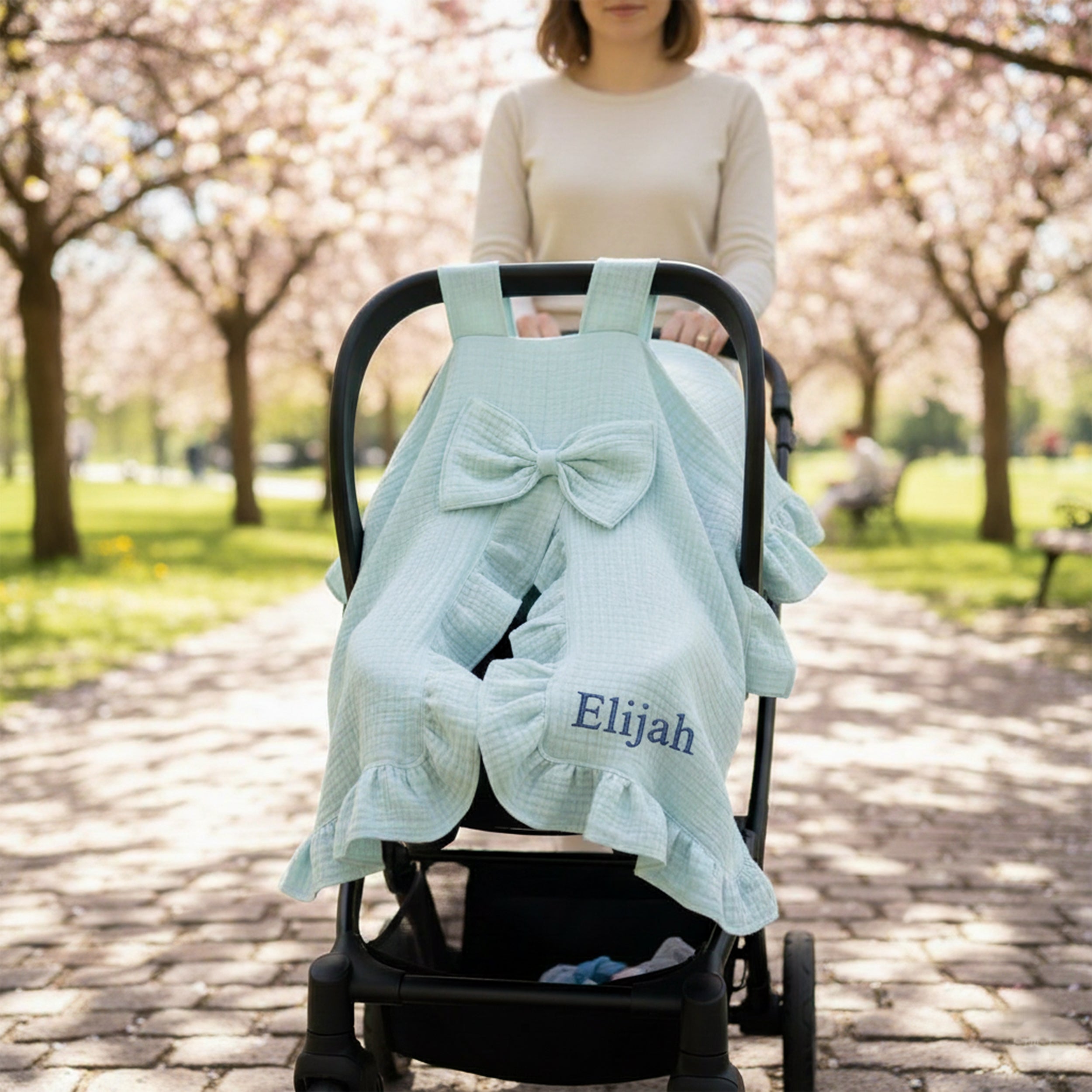 Personalized Muslin Stroller Cover with Ruffled Edges & Bow, Custom Name Car Seat Cover, Soft Cotton Baby Blanket Gift