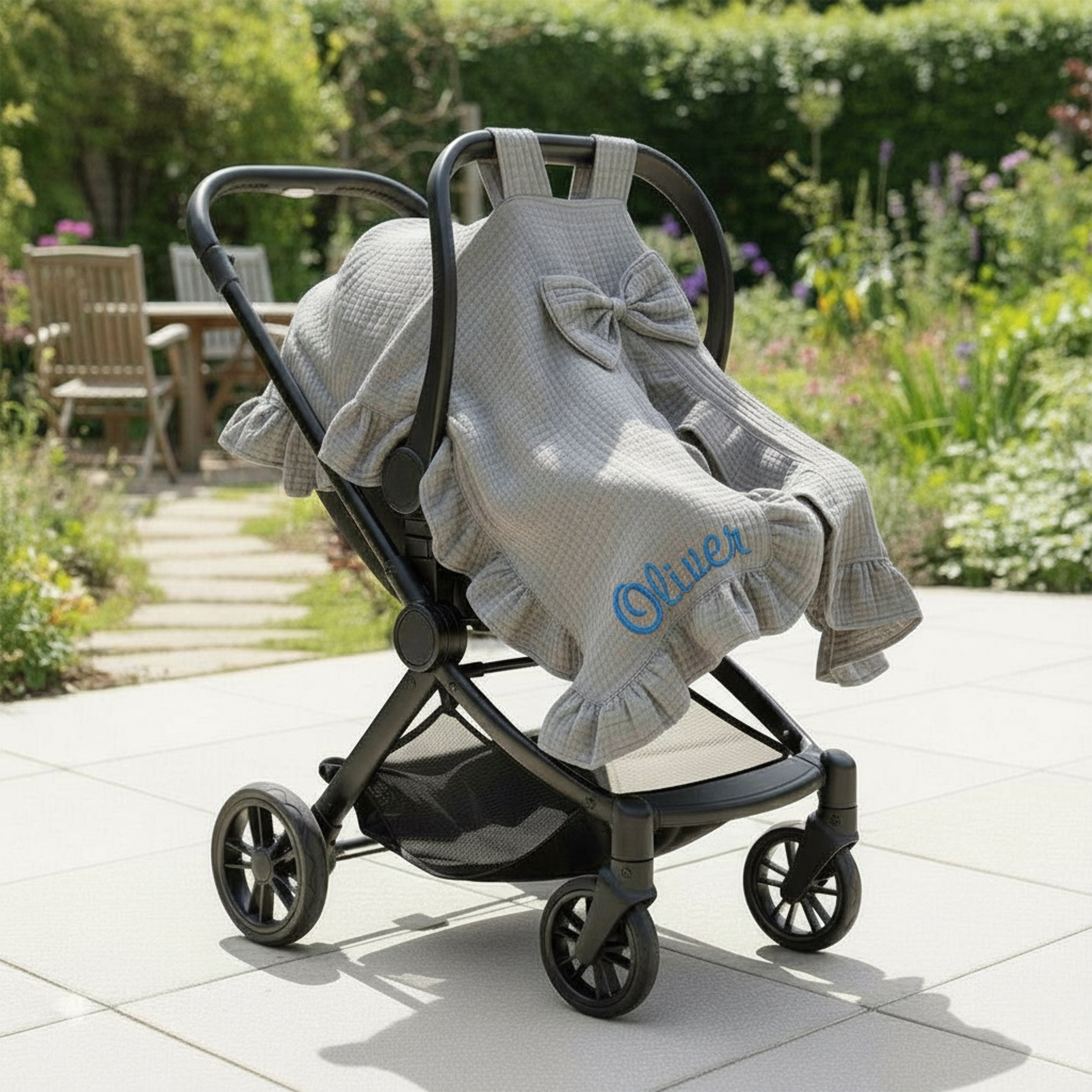 Personalized Muslin Stroller Cover with Ruffled Edges & Bow, Custom Name Car Seat Cover, Soft Cotton Baby Blanket Gift