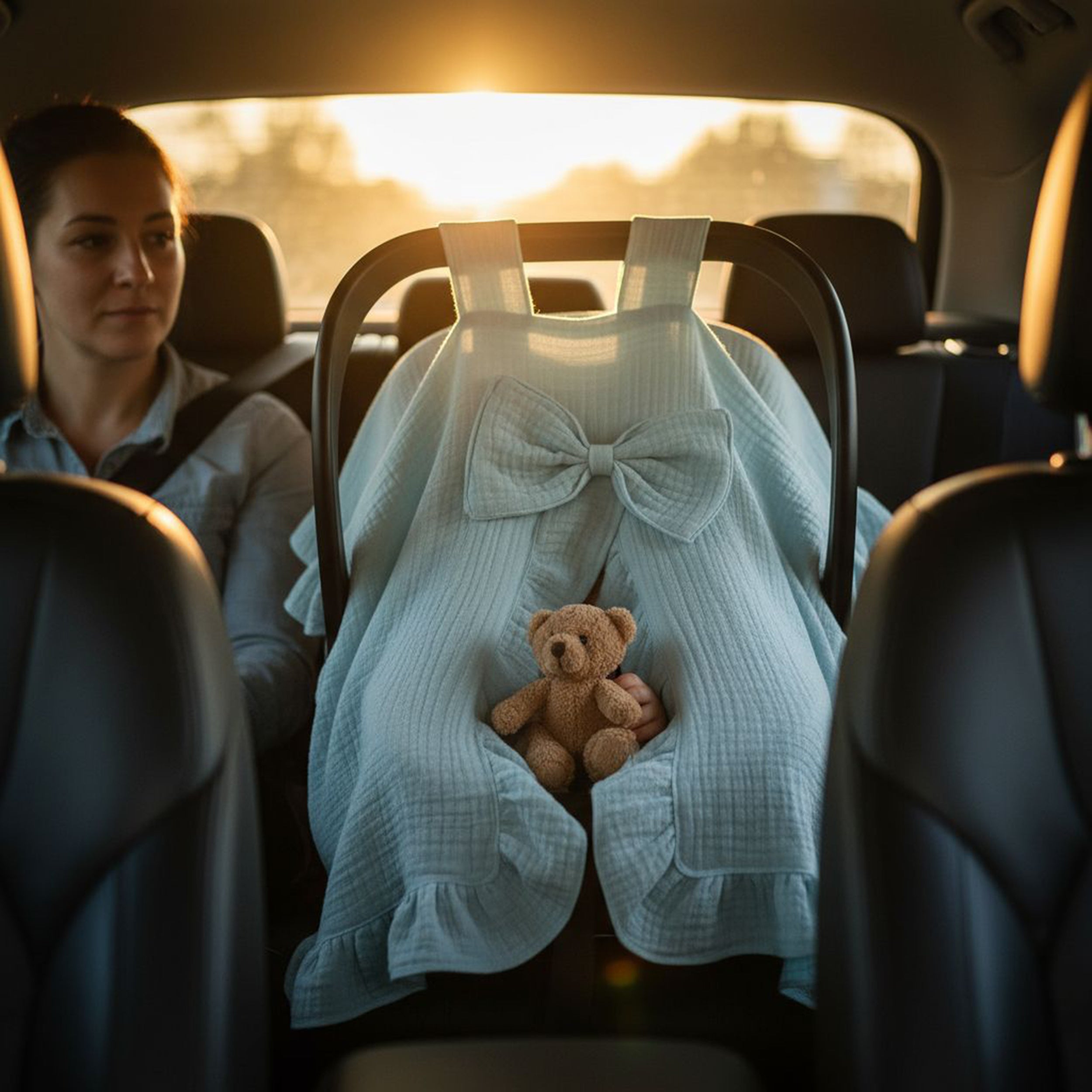 Personalized Muslin Stroller Cover with Ruffled Edges & Bow, Custom Name Car Seat Cover, Soft Cotton Baby Blanket Gift