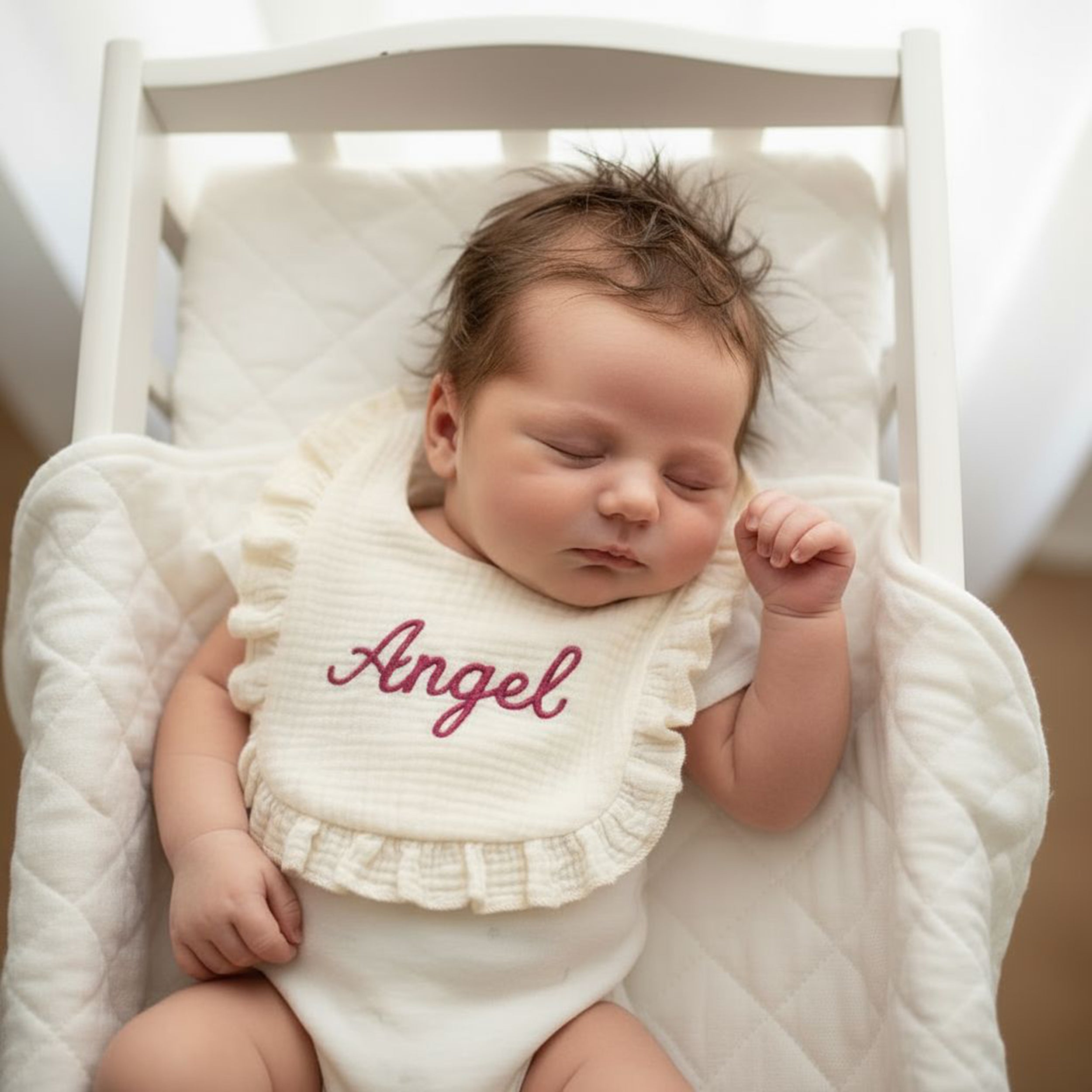 Personalized Baby Bib with Name Embroidery, Organic Cotton Ruffle Bib Gift for Girls Boys, Soft Muslin Baby Shower Keepsake